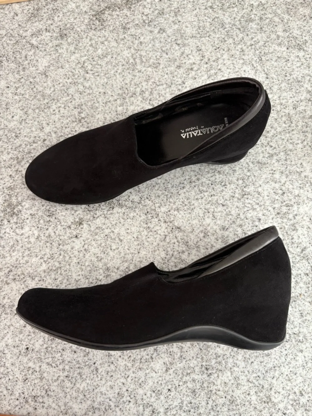 Aquatalia suede black leather wedge slip on dress shoes size 10